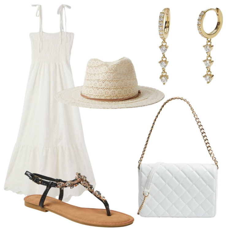 Outfit donna - Terranova -Summer Sale 2025. Stile Romantica per Mare. Abbinamento con cappelli, vestiti midi/longuette, sandali gioiello, borse a tracolla, orecchini.
