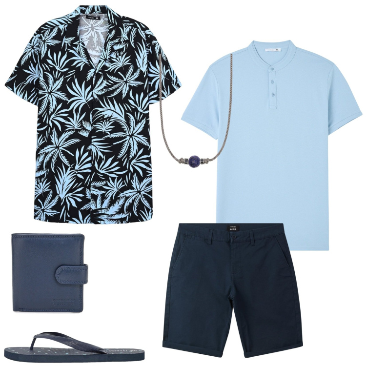 Outfit uomo - La camicia che fa subito estate!. Stile Casual per Tutti i giorni. Abbinamento con bermuda, camicie a manica corta, sandali, t-shirt, collane, portafogli.