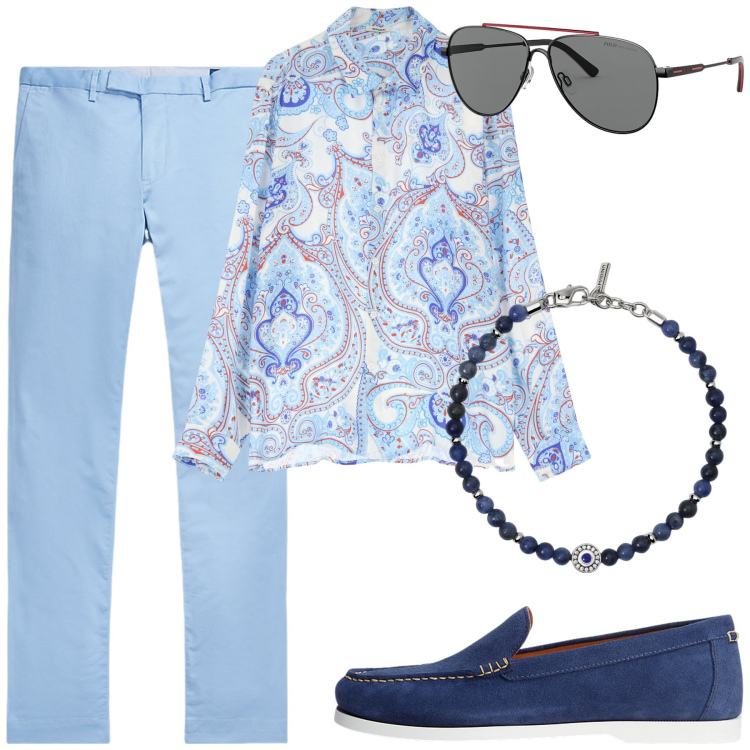 Outfit uomo - Azzurro. Stile Trendy per Tutti i giorni. Abbinamento con braccialetti, camicie, occhiali da sole, scarpe stringate, pantaloni chino.