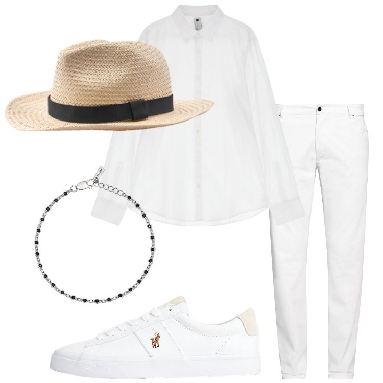 Outfit uomo - White. Stile Trendy per Serata speciale. Abbinamento con pantaloni, braccialetti, camicie, sneakers, cappelli.