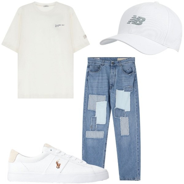 Outfit uomo - Giovane in giornata. Stile Urban per Tutti i giorni. Abbinamento con cappelli con visiera, t-shirt, jeans dritti, sneakers.