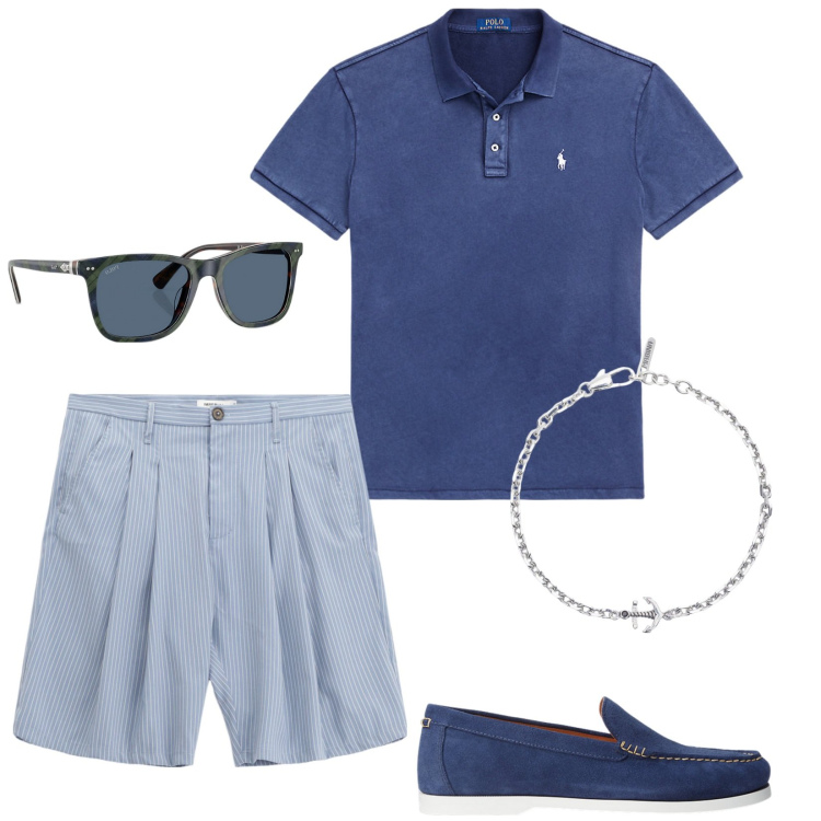Outfit uomo - Bermuda sartoriali a righe. Stile Casual per Mare. Abbinamento con braccialetti, bermuda, scarpe stringate, polo, occhiali da sole.