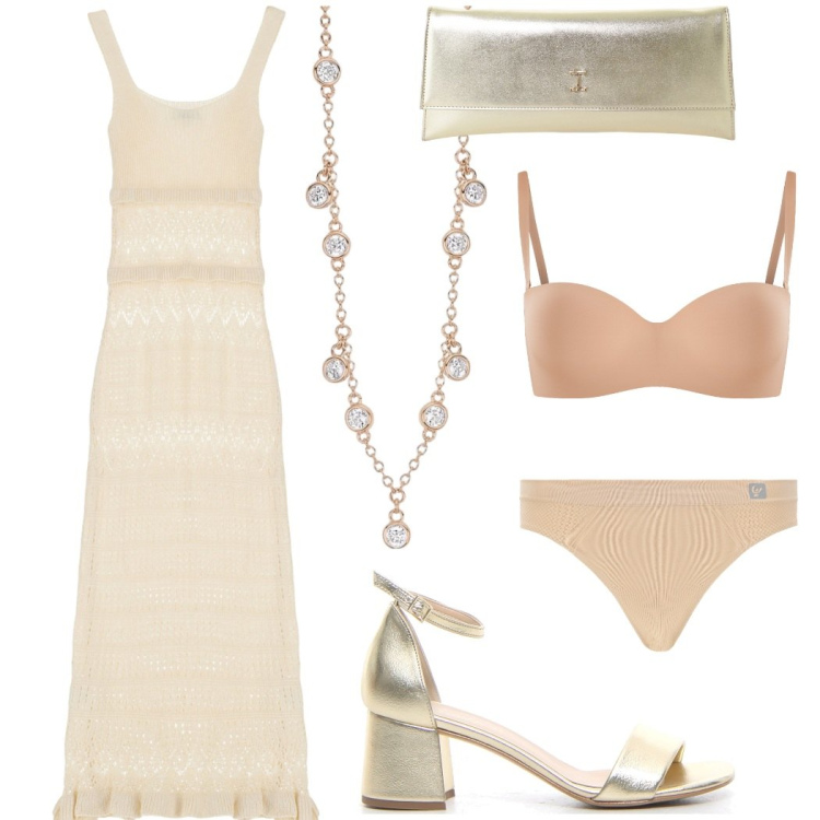 Outfit donna - Beige protagonista. Stile Chic per Serata fuori. Abbinamento con collane, reggiseni, vestiti midi/longuette, pochette, perizomi, sandali col tacco.