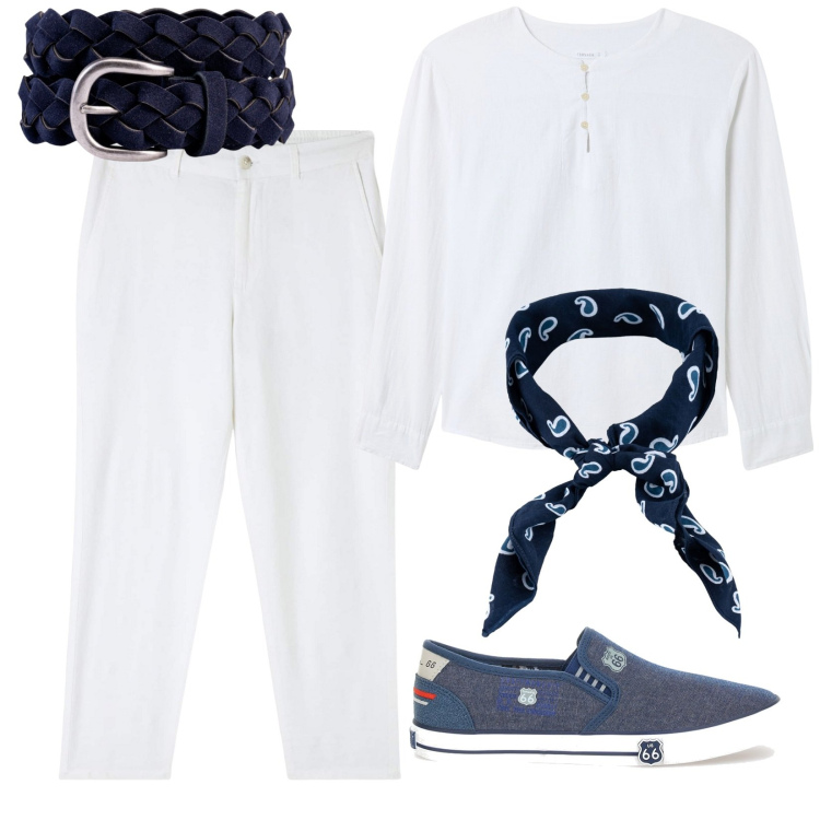 Outfit uomo - Lino e blu. Stile Casual per Tutti i giorni. Abbinamento con pantaloni, camicie, cinture, sciarpe e foulard, scarpe stringate.