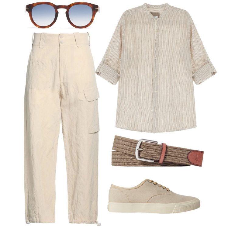 Outfit uomo - Colori chiari anti caldo. Stile Casual per Tutti i giorni. Abbinamento con pantaloni cargo, camicie, sneakers, cinture, occhiali da sole.