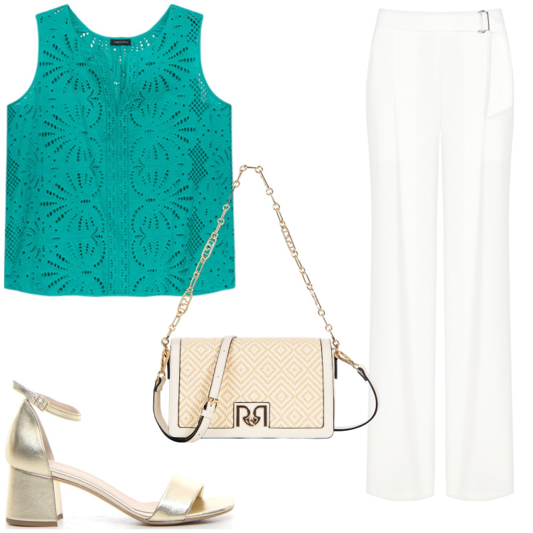 Outfit donna - La blusa verde smeraldo. Stile Chic per Serata fuori. Abbinamento con pantaloni, borse a tracolla, top, sandali col tacco.