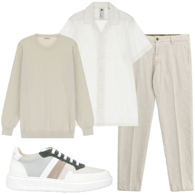 Outfit uomo - Un invito per un fine settimana estivo. Stile Casual per Tutti i giorni. Abbinamento con sneakers, camicie a manica corta, pantaloni chino, maglieria.