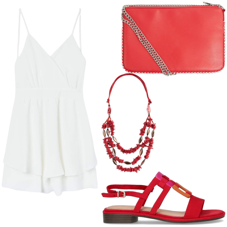 Outfit donna - Candida jumpsuit. Stile Trendy per Tutti i giorni. Abbinamento con borse a tracolla, tuta corta, sandali, collane.