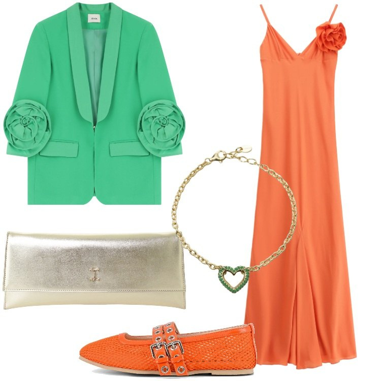 Outfit donna - Romantica e colorata. Stile Romantica per Serata fuori. Abbinamento con braccialetti, pochette, vestiti lunghi, blazer, ballerine.