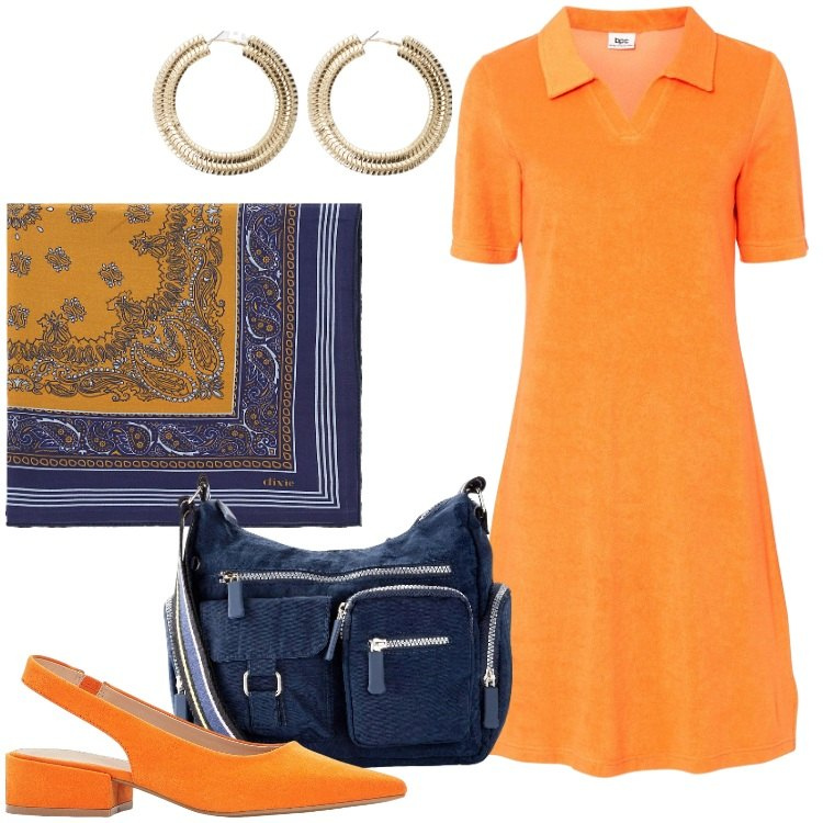 Outfit donna - Arancioluglio - @danipoetessa73. Stile Basic per Tutti i giorni. Abbinamento con vestiti midi/longuette, borse a tracolla, décolleté, orecchini, foulard.