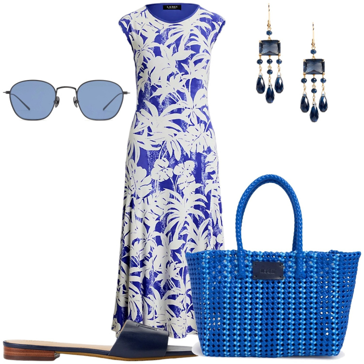 Outfit donna - Al mercato del mare. Stile Casual chic per Tutti i giorni. Abbinamento con vestiti, ciabatte, orecchini, shopping bag, occhiali da sole.