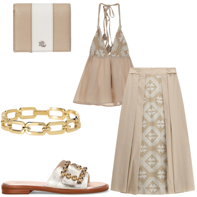 Outfit donna - Beige chiaro. Stile Glamour per Serata fuori. Abbinamento con braccialetti, gonne lunghe, top, portafogli, ciabatte.