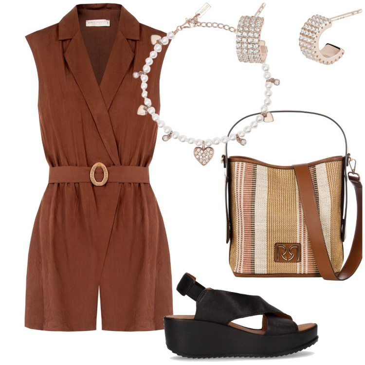 Outfit donna - La jumpsuit per l\'aperitivo. Stile Chic per Tutti i giorni. Abbinamento con tuta corta, borse a secchiello, braccialetti, orecchini, sandali.