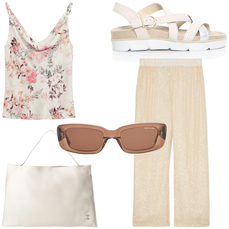 Outfit donna - La blusa romantica. Stile Romantica per Tutti i giorni. Abbinamento con canottiere, borse a spalla, pantaloni, sandali, occhiali da sole.