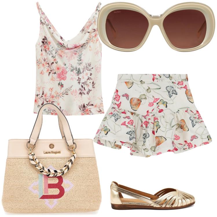 Outfit donna - Total look. Stile Glamour per Tutti i giorni. Abbinamento con occhiali da sole, canottiere, minigonne, borse a mano, ballerine.