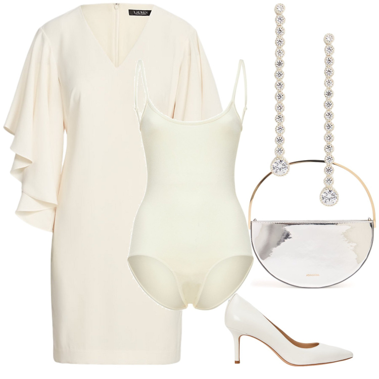 Outfit donna - Sposa in corto. Stile Chic per Cerimonia. Abbinamento con décolleté, vestiti, orecchini, body, pochette.