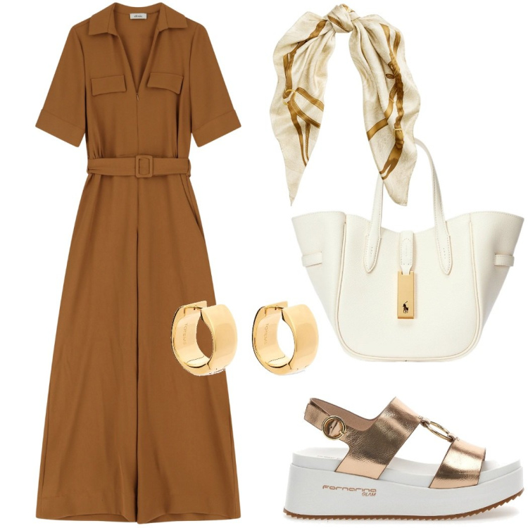 Outfit donna - La jumpsuit per l\'ufficio. Stile Casual chic per Ufficio. Abbinamento con tute, borse tote, foulard, sandali, orecchini.