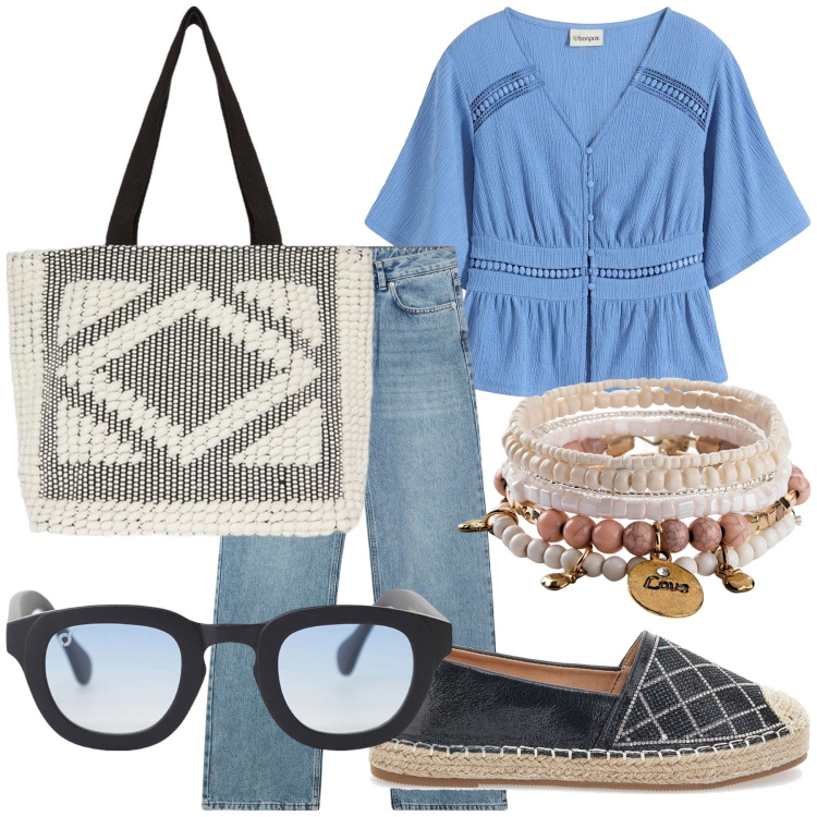 Outfit donna - Boho jeans. Stile Boho per Tutti i giorni. Abbinamento con braccialetti, bluse, jeans, occhiali da sole, shopping bag, espadrillas.