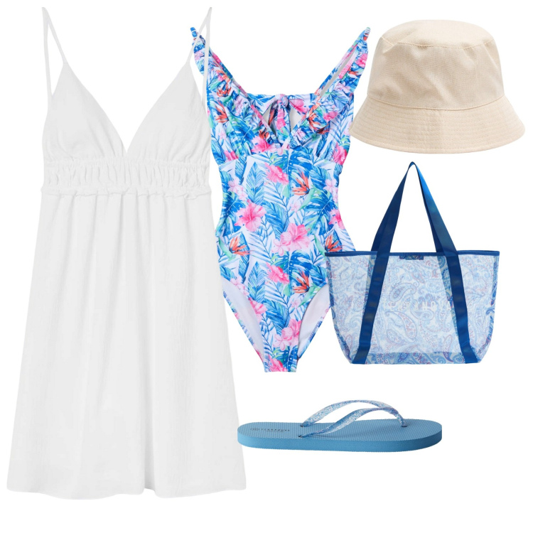 Outfit donna - Pronta per il mare. per Mare. Abbinamento con costumi interi, infradito, vestiti corti, cappelli, shopping bag.