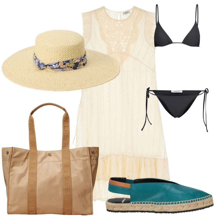 Outfit donna - Mare di luglio. Stile Chic per Mare. Abbinamento con espadrillas, vestiti senza maniche, borse tote, cappelli, bikini.