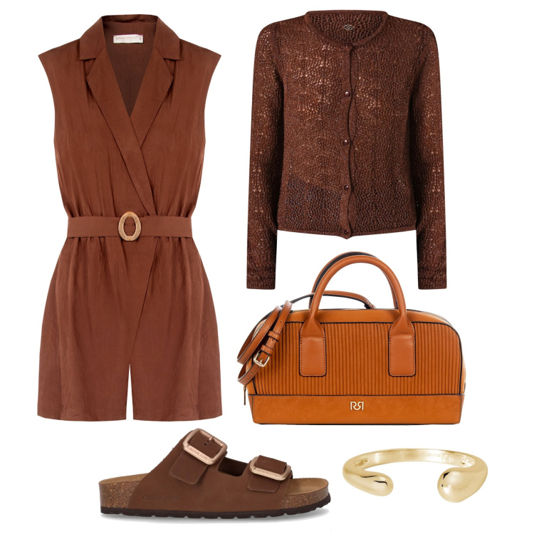 Outfit donna - Fresca jumpsuite in viaggio. Stile Casual per Tutti i giorni. Abbinamento con borse a mano, tuta corta, cardigans, anelli, ciabatte.