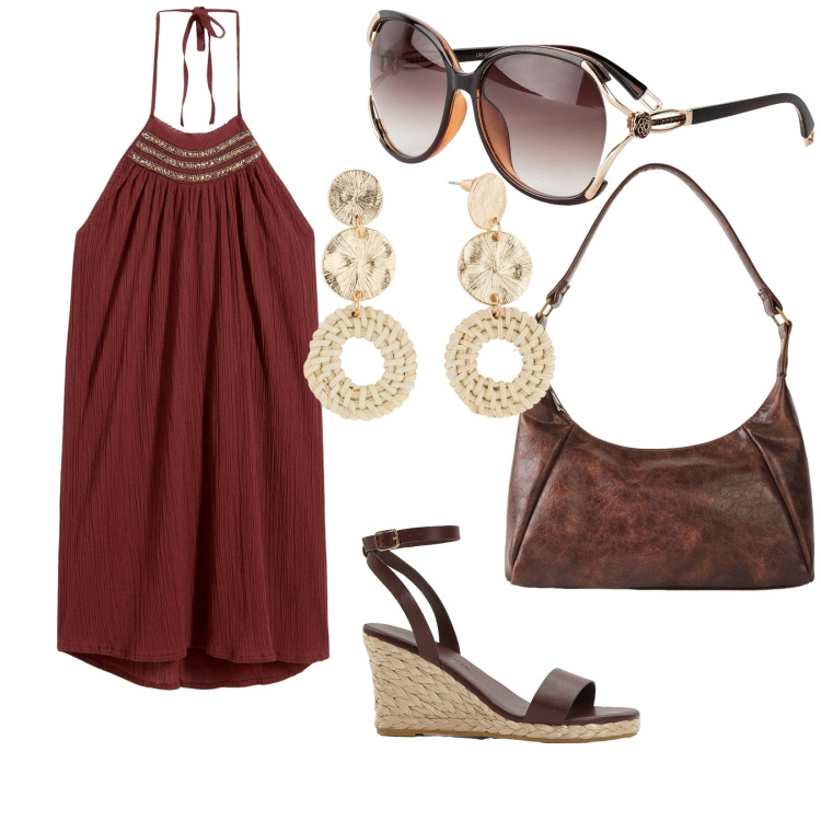 Outfit donna - Nuove tendenze. per Serata fuori. Abbinamento con occhiali da sole, sandali, borse a mano, orecchini, vestiti.