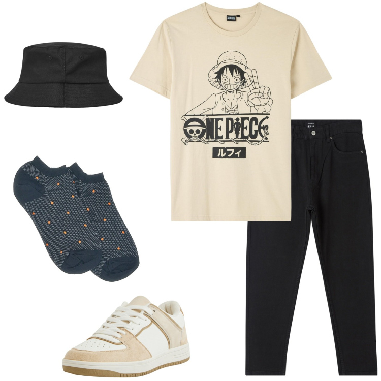 Outfit uomo - One Piece by Terranova. Stile Casual per Tutti i giorni. Abbinamento con pantaloni, cappelli, t-shirt, sneakers, calzini.