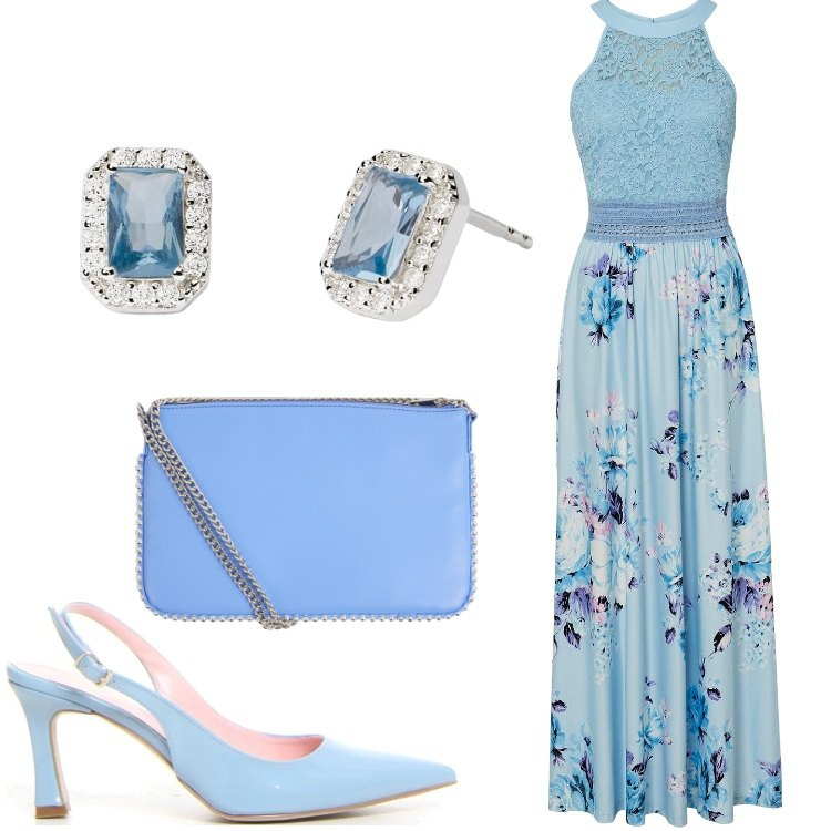 Outfit donna - Come una dea. Stile Chic per Serata fuori. Abbinamento con vestiti lunghi, borse a tracolla, orecchini, décolleté.