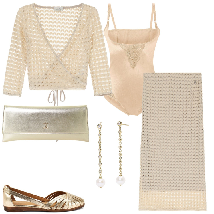 Outfit donna - Beige chiaro. Stile Casual chic per Serata fuori. Abbinamento con body, orecchini, pochette, top, gonne longuette, ballerine.