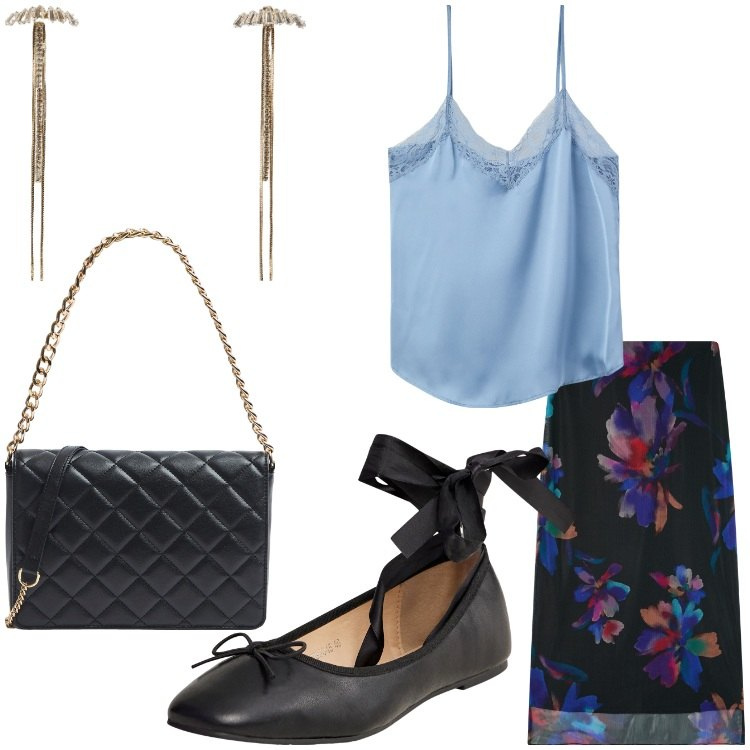 Outfit donna - Celeste e fiori. Stile Bon Ton per Serata fuori. Abbinamento con gonne lunghe, top, borse a tracolla, ballerine, orecchini.