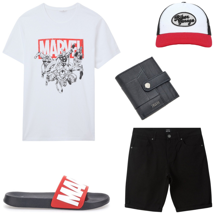 Outfit uomo - Marvel Heroes by Terranova. Stile Casual per Tutti i giorni. Abbinamento con bermuda, cappelli con visiera, t-shirt, portafogli, sandali.