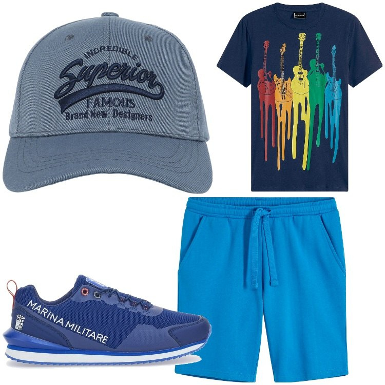 Outfit uomo - Easy. Stile Casual per Tutti i giorni. Abbinamento con bermuda, t-shirt, cappelli con visiera, sneakers.