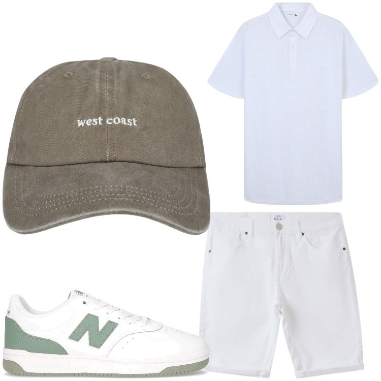 Outfit uomo - Weast coast. Stile Casual per Tutti i giorni. Abbinamento con cappelli, bermuda, polo, sneakers.