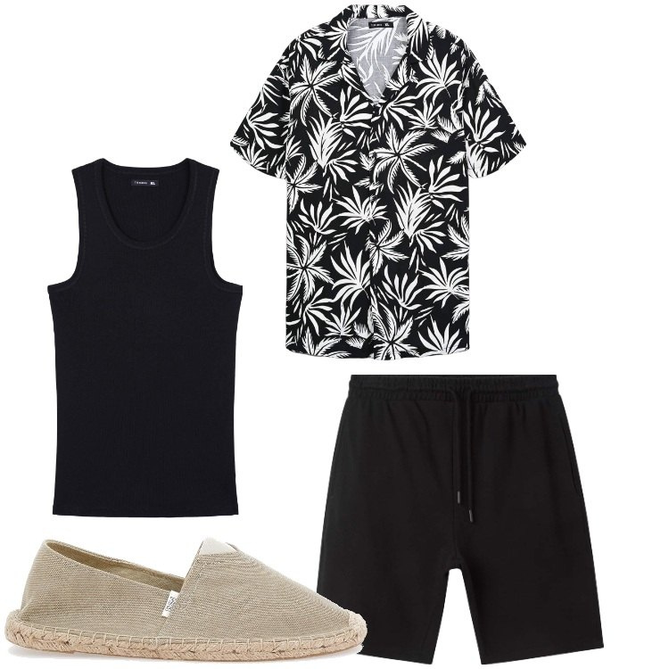 Outfit uomo - Palme. Stile Casual per Tutti i giorni. Abbinamento con bermuda, canottiere, camicie a manica corta, espadrillas.