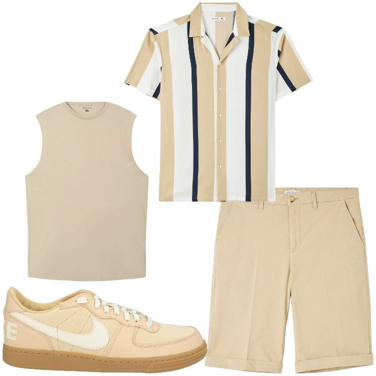Outfit uomo - Beige e righe. Stile Casual per Tutti i giorni. Abbinamento con sneakers, bermuda, camicie a manica corta, canottiere.