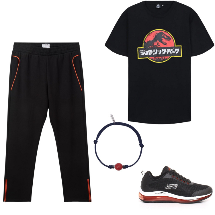 Outfit uomo - Jurassic Park by Terranova. Stile Casual per Tutti i giorni. Abbinamento con pantaloni, t-shirt, braccialetti, sneakers.