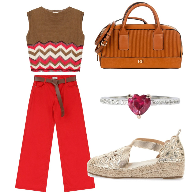 Outfit donna - Sul rosso. Stile Casual per Tutti i giorni. Abbinamento con borse a mano, pantaloni, maglieria, anelli, espadrillas.