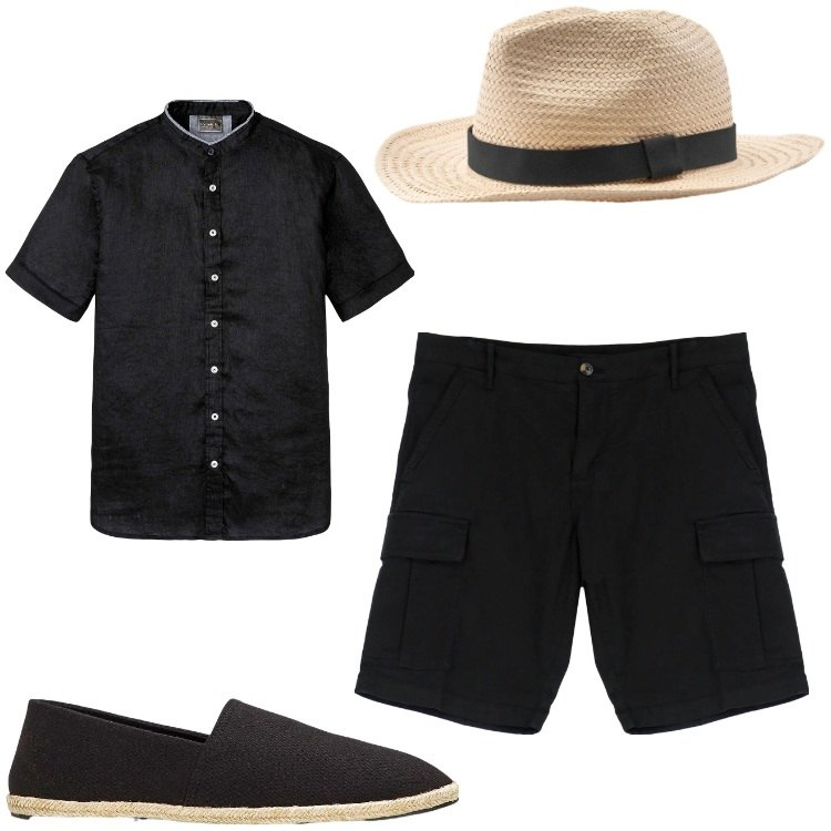 Outfit uomo - In Val d´Orcia. Stile Casual per Tutti i giorni. Abbinamento con camicie a manica corta, espadrillas, bermuda, cappelli.