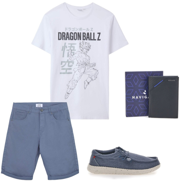 Outfit uomo - Dragon Ball Z by Terranova. Stile Casual per Tutti i giorni. Abbinamento con t-shirt, bermuda, portafogli, scarpe stringate.