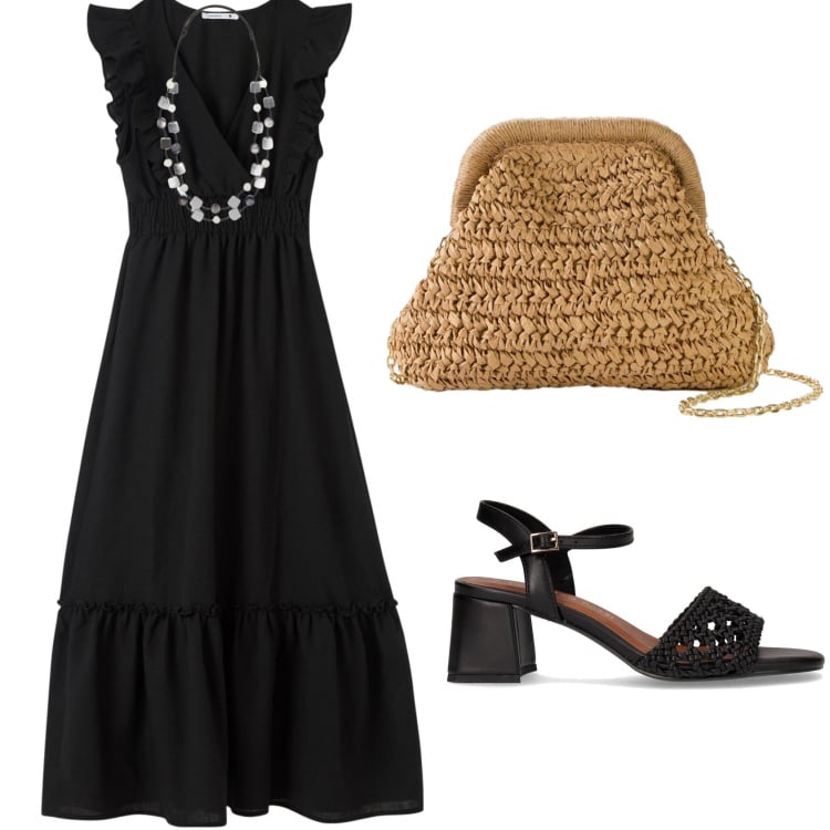 Outfit donna - Sera d\'estate. Stile Boho per Serata fuori. Abbinamento con borse a tracolla, vestiti lunghi, sandali col tacco, collane.