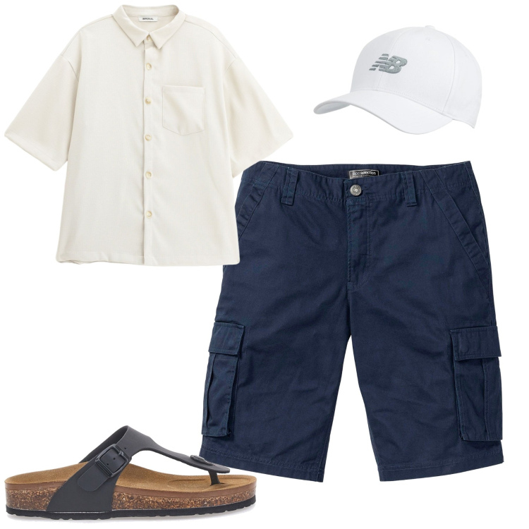Outfit uomo - Luglio. Stile Casual per Tutti i giorni. Abbinamento con bermuda, cappelli con visiera, camicie a manica corta, sandali.