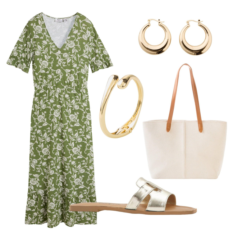 Outfit donna - Fantasia verde pepe. Stile Bon Ton per Tutti i giorni. Abbinamento con braccialetti, vestiti, ciabatte, shopping bag, orecchini.