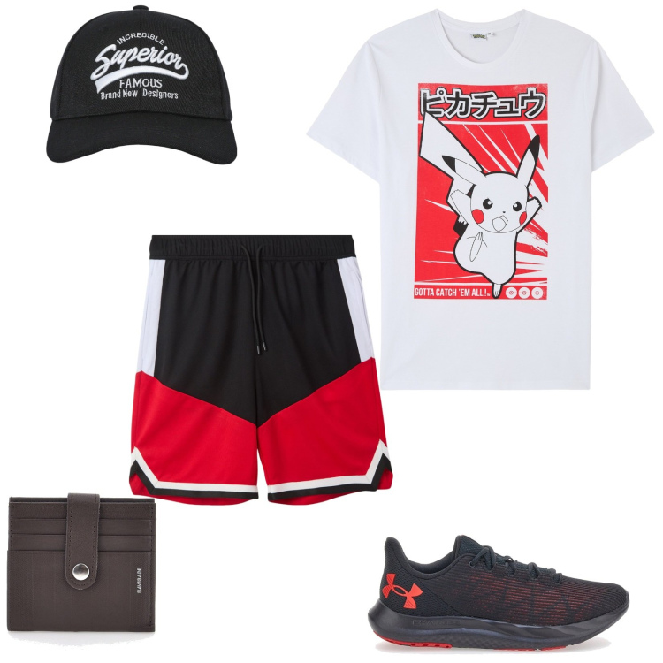 Outfit uomo - Pokemon by Terranova. Stile Urban per Tutti i giorni. Abbinamento con t-shirt, cappelli con visiera, pantaloncini sportivi, portafogli, scarpe sportive.