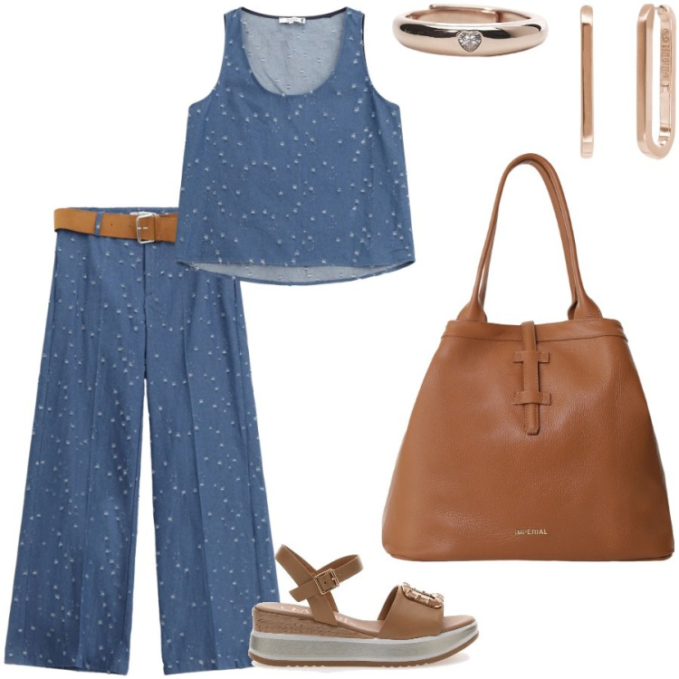 Outfit donna - Uscita pomeridiana co le amiche. Stile Casual chic per Serata fuori. Abbinamento con orecchini, anelli, top, pantaloni, borse tote, sandali.