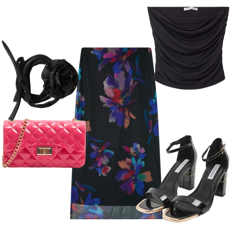 Outfit donna - Spanish. Stile Sexy per Serata fuori. Abbinamento con top, collane, gonne lunghe, sabot, borse a tracolla.