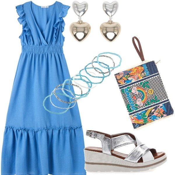 Outfit donna - Outifit di luglio. Stile Casual chic per Serata fuori. Abbinamento con braccialetti, vestiti lunghi, orecchini, sandali in pelle, pochette.