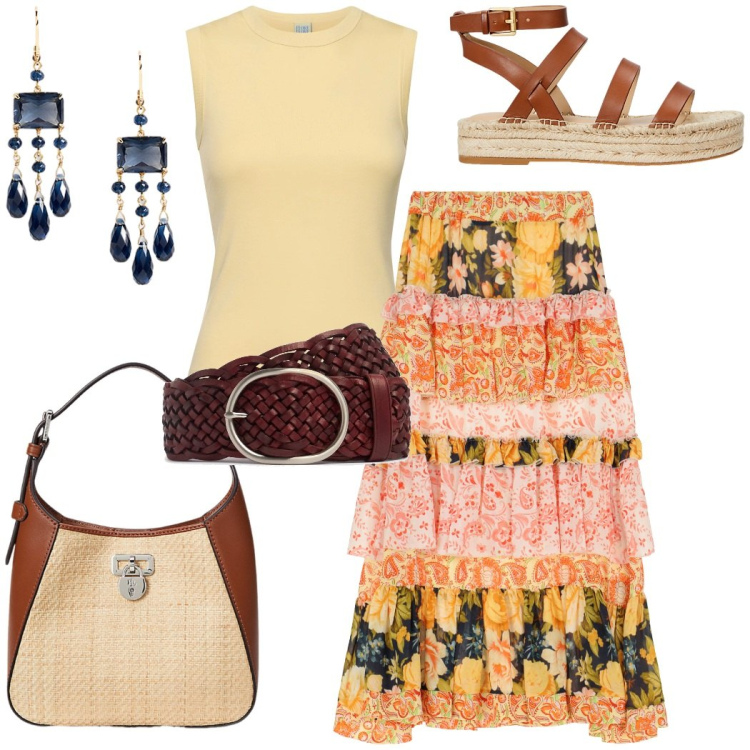 Outfit donna - La gonna a balze che fa subito estate. Stile Boho per Tutti i giorni. Abbinamento con gonne lunghe, borse a tracolla, espadrillas, orecchini, cinture, canottiere.