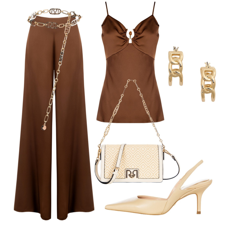 Outfit donna - Party Rinascimento. Stile Chic per Serata fuori. Abbinamento con pantaloni a palazzo, top, borse a tracolla, cinture, décolleté, orecchini.