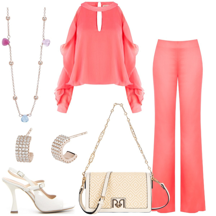 Outfit donna - Total look #2195190. Stile Chic per Cerimonia. Abbinamento con orecchini, collane, borse a tracolla, bluse, pantaloni, sandali col tacco.