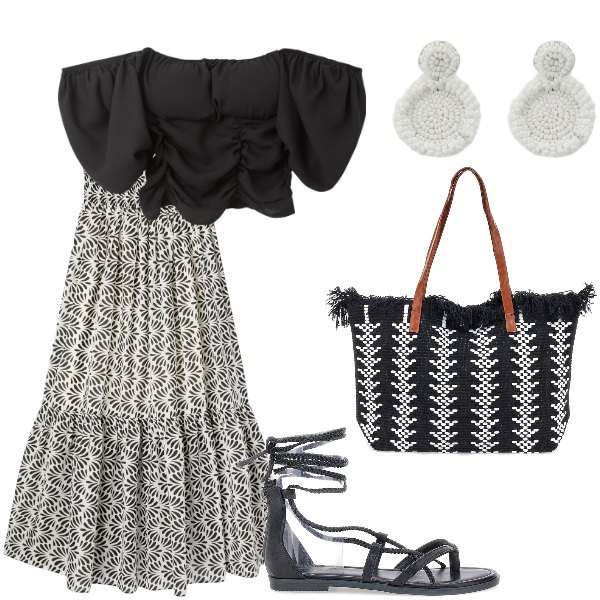 Outfit donna - Serata tra amici. Stile Casual chic per Serata fuori. Abbinamento con bluse, gonne lunghe, orecchini, sandali alla schiava, borse a spalla.